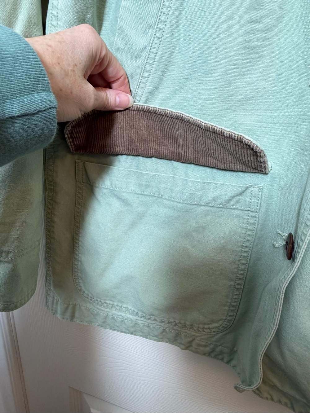 L.L. Bean Mint Green Cotton Utility Barn Jacket with Tan Corduroy Collar - Picture 7 of 12